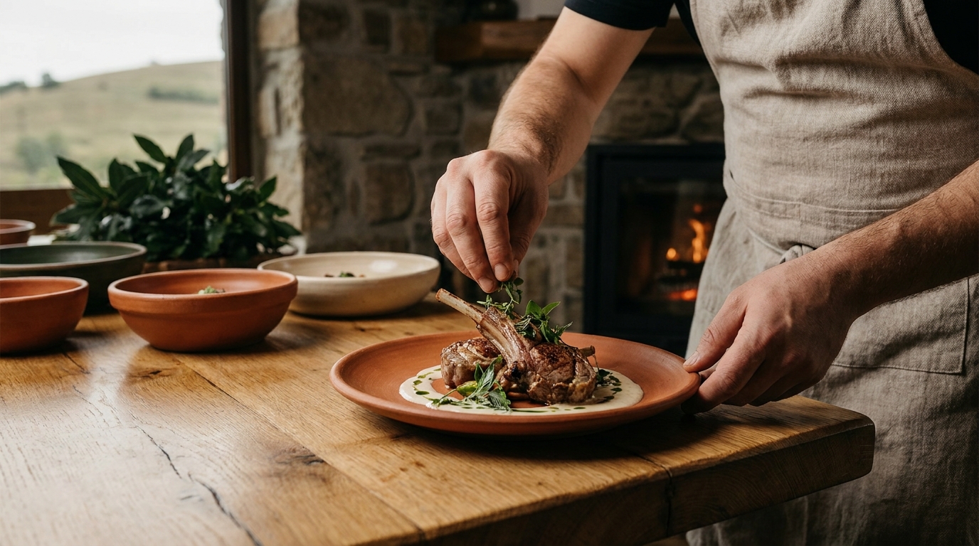 Interior restaurant Soul Food Vidolm cu mese și lumini calde